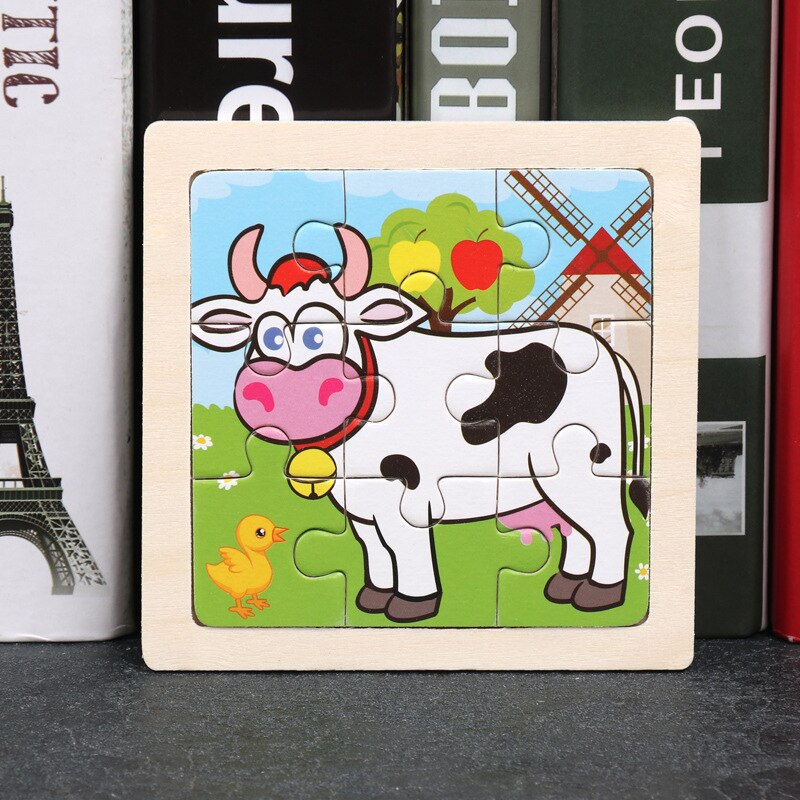 3D Puzzle Wooden Toys jigsaw puzzle Cartoon Animal Traffic Puzzles for Kids Educational Cognitive Toy 9 Pieces 11x11cm: Cow