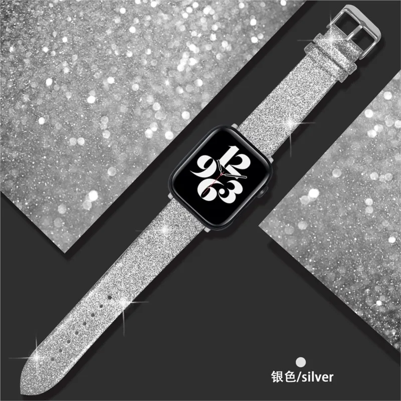 Glitter Leather Strap for Apple Watch Band 44mm 40mm 42/46mm Ultra2 49mm 41mm 45mm sport Bracelet iWatch Series 10 9 8 7 8 6 5 4: S / Silver Yellow
