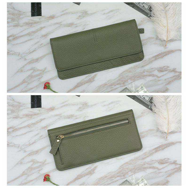 genuine cow leather slim card holder wallet ladies simple Cowhide credit card holder: Green Long Version