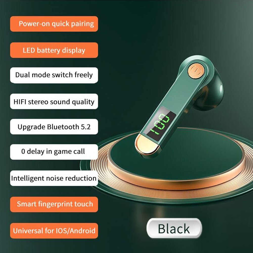 H01 kabellose 5.2 bluetooth-fähige business-ohrhörer mit digitalem display, hifi-bass und mikrofon: Grün