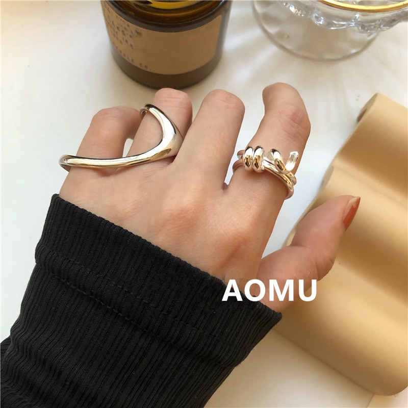 Aomu Mode Geometrische Onregelmatige Lijn Metalen Goud Zilver Kleur Grote Ringen Voor Vrouwen Partij Bruiloft Sieraden Gi