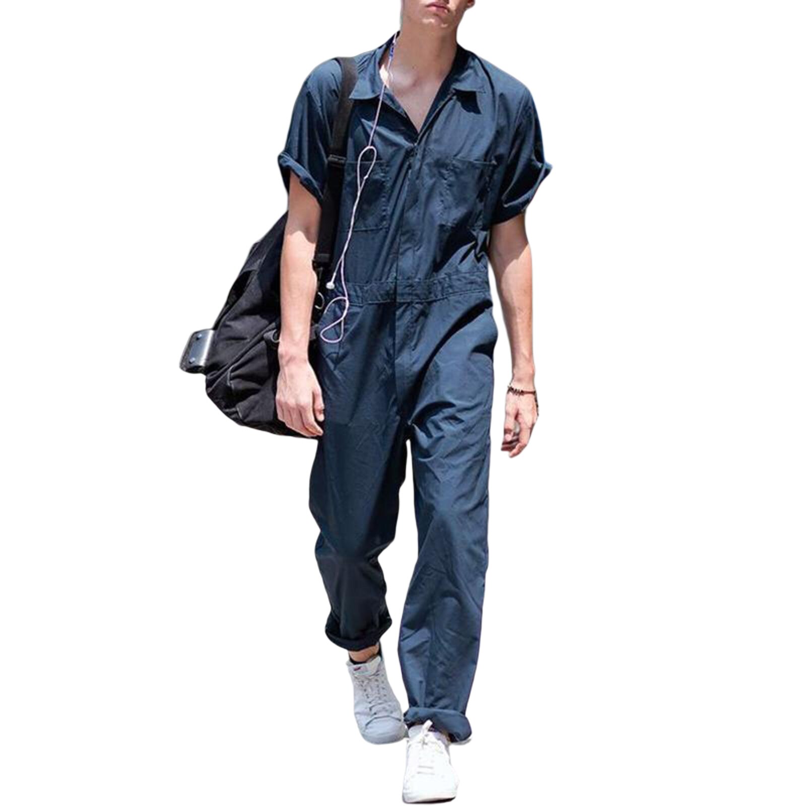 Mannen 'S Jumpsuit, Volwassenen Effen Kleur Turn-Down Kraag Korte Mouw Romper Playsuit Voor Zomer Herfst: XL / Blauw