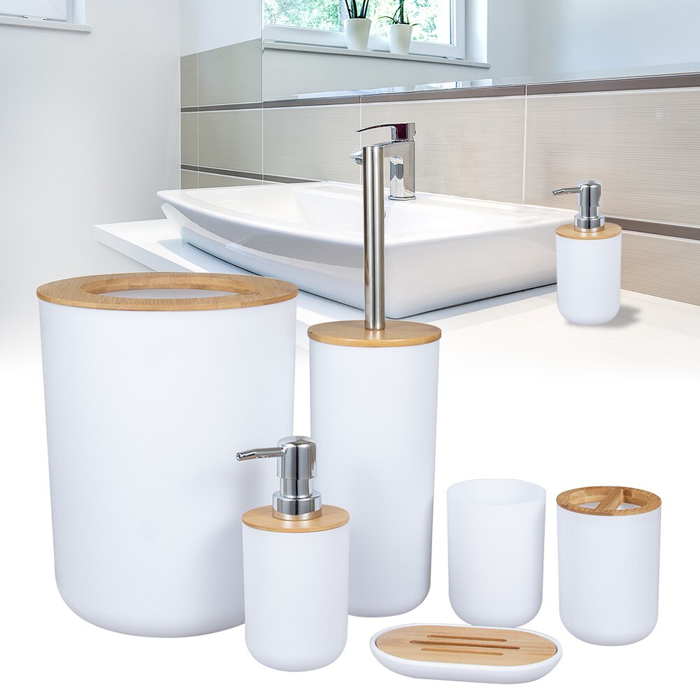 Sæbedispenser kop bambus træ tilbehør til badeværelset sæt brusebad toiletbørste bordplade fritstående stue fad affaldsspand: Hvid