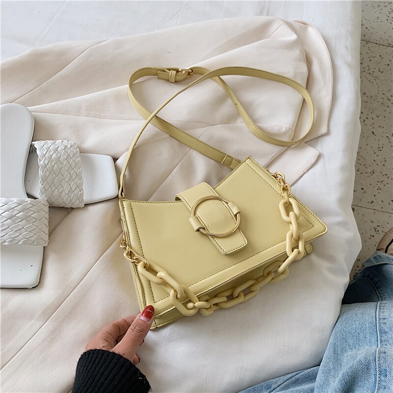 Women's PU Leather Shoulder Bag - Small Crossbody Purse with Chain - Fashionable Casual Tote: Yellow