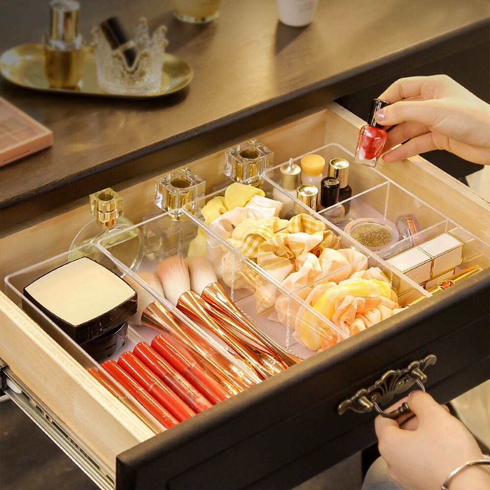 Boîte de rangement transparente en acrylique à couches pour maquillage, coiffeuse, cosmétique, rouge à lèvres, grille de finition, tiroir de bureau, compartiment de rangement