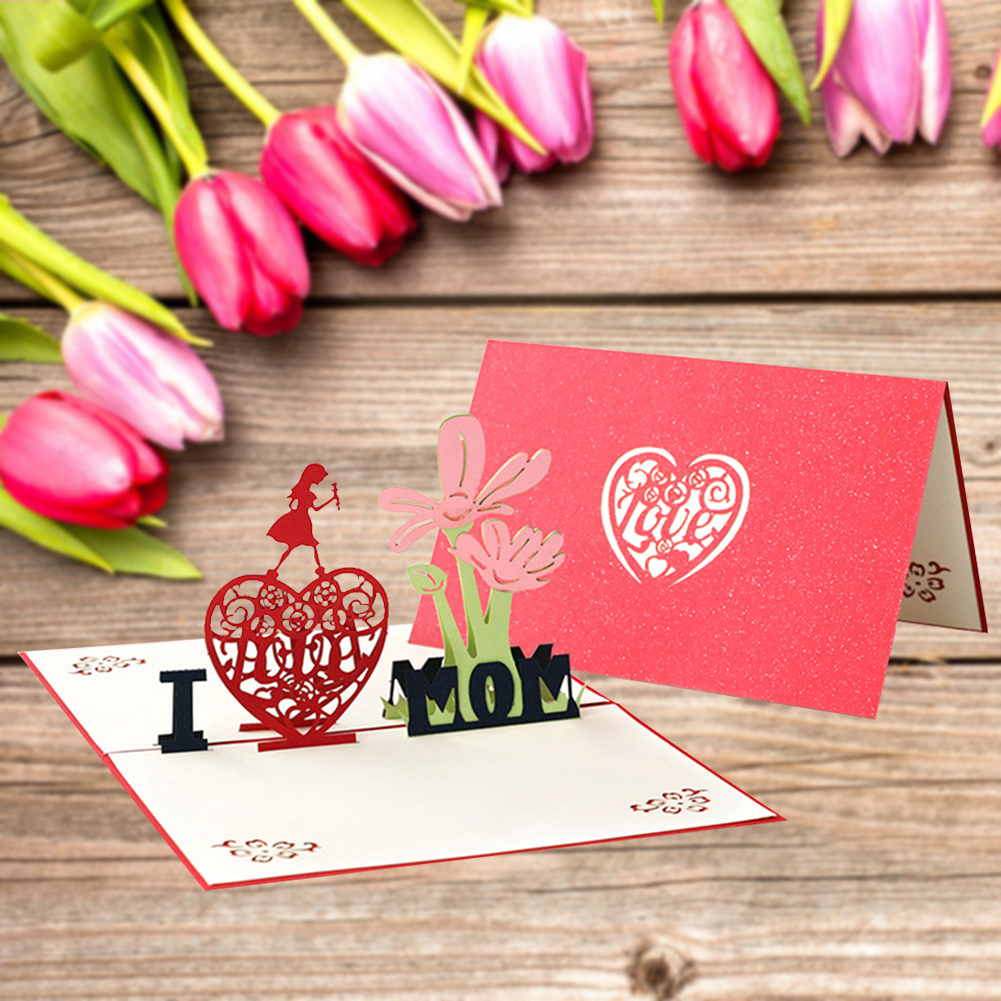 3D Pop-Up Cards Mothers Day Cards Heart Flowers Bouquet Greeting Cards with Envelope Birthday Card For Mom
