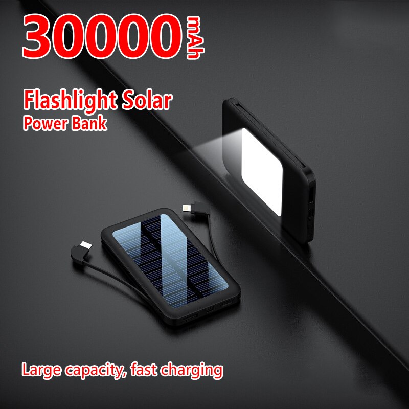 30000Mah Solar Power Bank Snelle Charger Ingebouwde Kabel Lcd Type C Powerbank Voor Alle Smartphones Power Bank Draagbare opladen