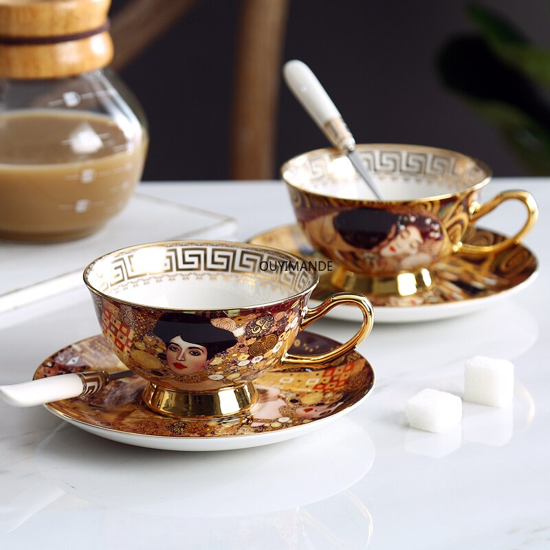 Ensemble de tasses à café Gustav Klimt, service à thé en céramique chinoise, Klimt Kiss, de luxe, service à boissons en porcelaine, tasse à thé et soucoupe