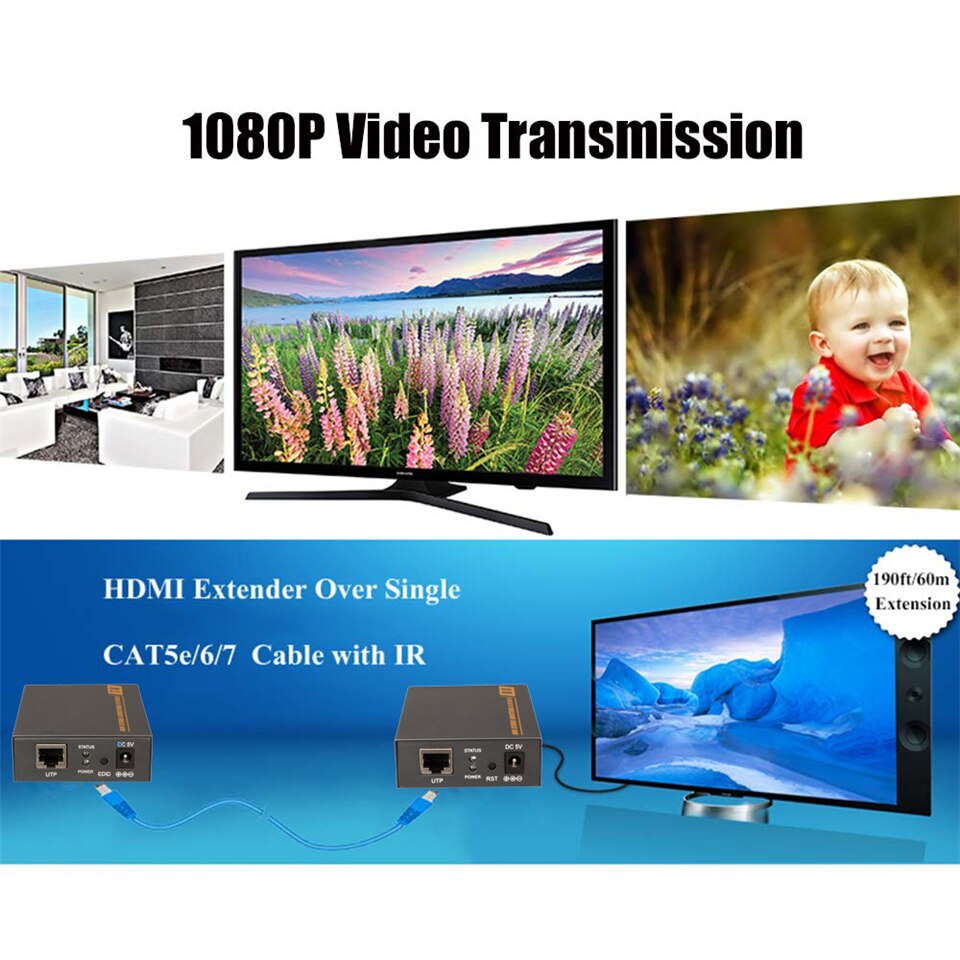 1080P 60m HDMI Extender HDMI Repeater Over Cat6 Cat7 Ethernet Kabels Met IR Functie RJ45 Zender TX/ RX HDMI Extender Loop