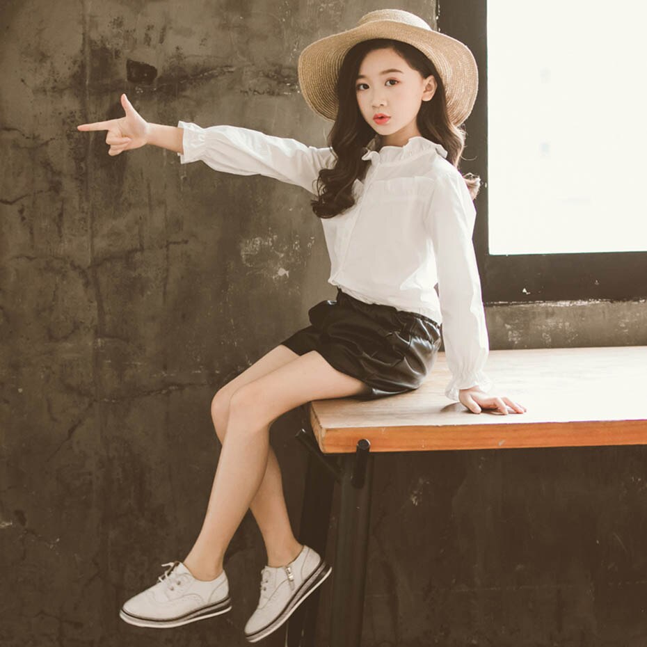 Shirt For Girl Solid White Blouse Girl Ruffle Children's Shirts For Girls School Autumn Kids Clothes Girls 6 8 10 12 14