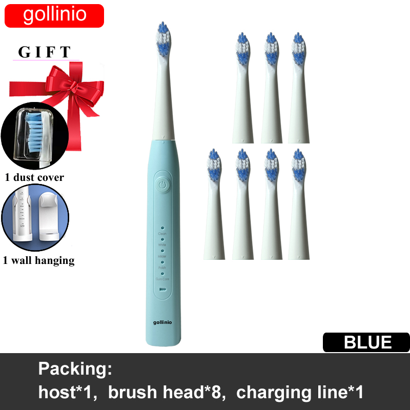 Gollinio Electric Toothbrush usb fast charging GL09F Adult teeth brush Rechargeable smart Replacement Head: GL09BLUE8H-H