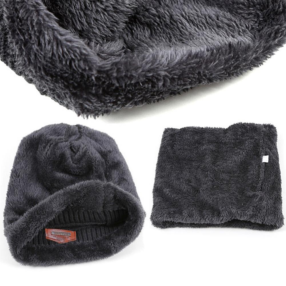 Winddichte gebreide muts/sjaalset voor heren in de winter, warme, dikke fleece muts/sjaalset, effen gebreide skimuts/ringsjaal