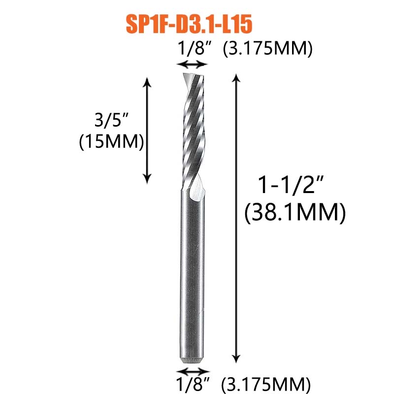 Dreanique 1pc Single Flute Spiral End Mill 1/8 1/4Inch Shank CNC Carbide Aluminum Inch Size Cutter for woodworking Acrylic ACM: 24mm