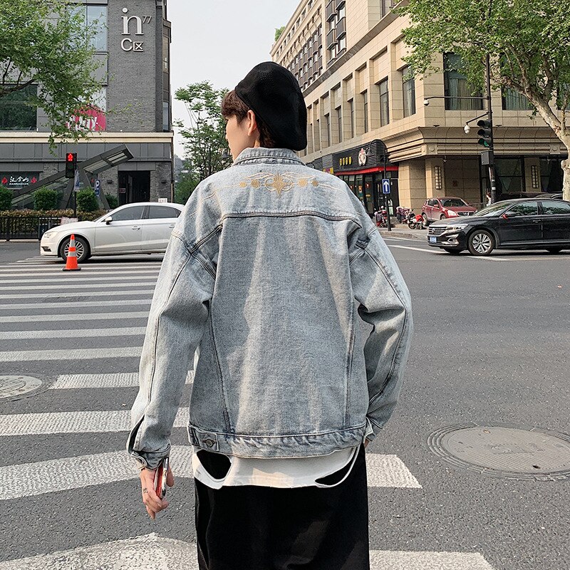 Spring and autumn teenagers denim jacket men loose casual all-match hip hop embroidery Korean youth handsome jacket