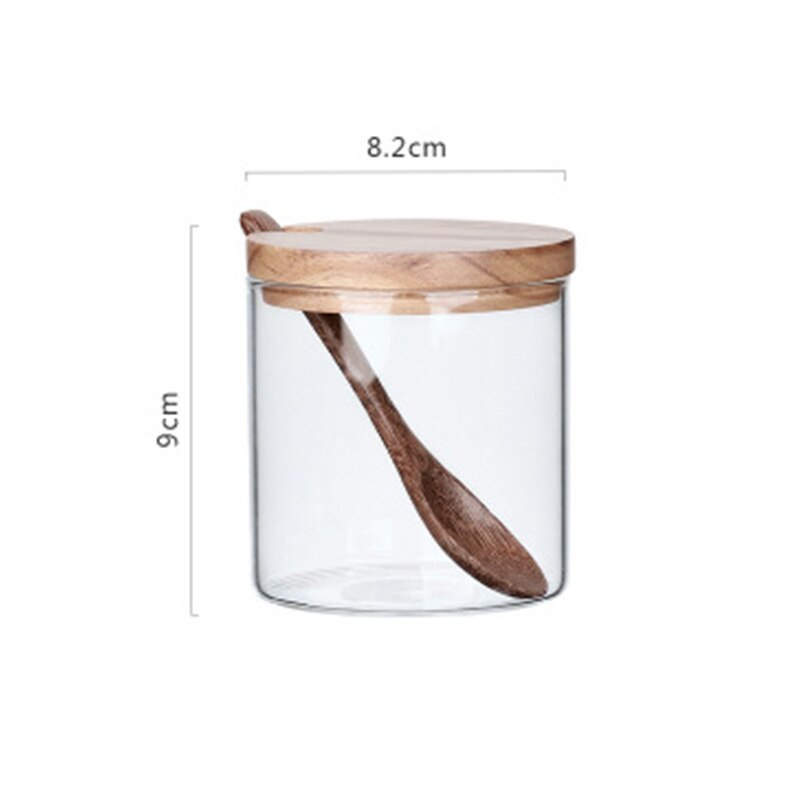 Seasoning box set Transparent glass seasoning jar three-piece kitchen wooden salt shaker sugar bowl with spoon base