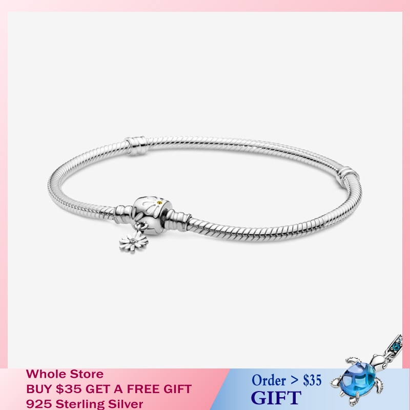 Pulsera de cadena de serpiente con broche de flor de Margarita plateada esterlina para mujer, joyería de plata de ley de cumpleaños para mujer