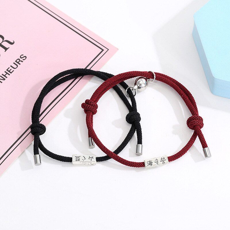 2Pcs Minimalistische Bijpassende Vriendschap Armband Touw Gevlochten Paar Magnetische Trekken Elkaar Afstand Armband Minnaar Sieraden: Black Wine Red