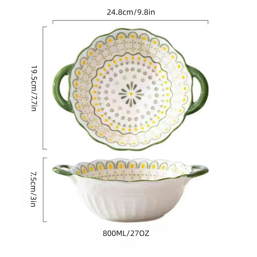 Lovely large capacity ceramic soup bowl with handle Suitable for salads, fruits, pasta, desserts, etc Suitable for the oven: green