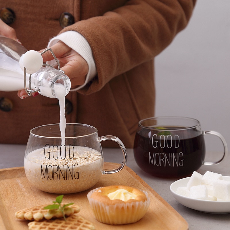Good Morning Transparent Glass Coffee Tea Drinks Dessert Breakfast Milk Cup Kitchenware Glass Mugs With Handle