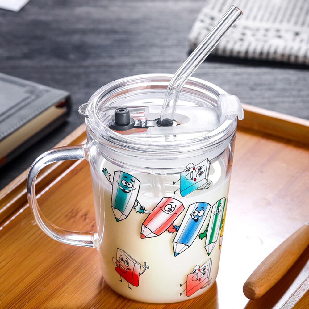 Tasse isolante en verre avec paille et couvercle, 350ml, Double paroi, pour pastèque, thé au lait