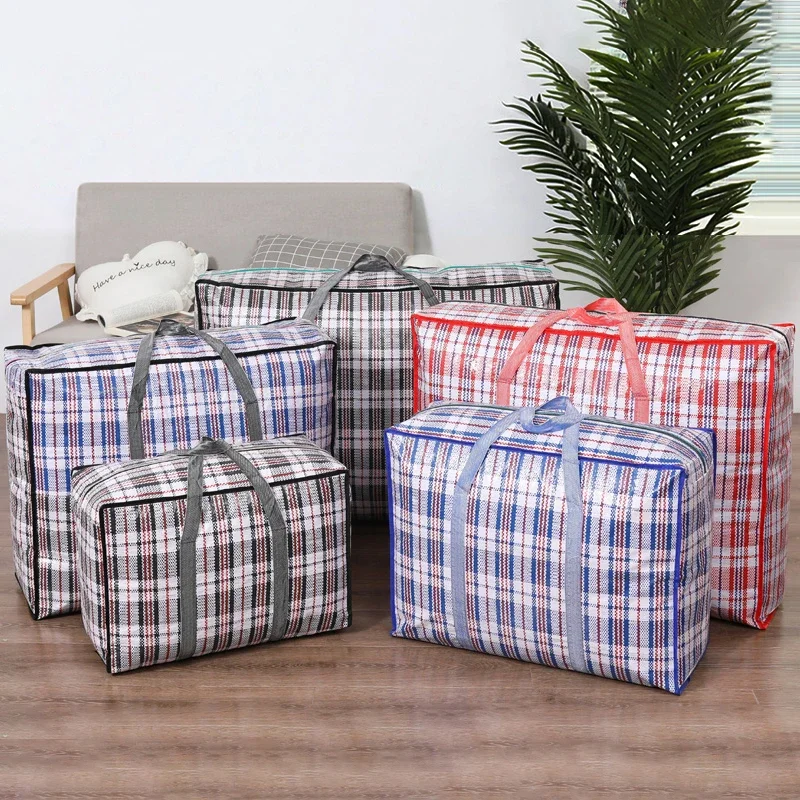 Bolsa tejida a rayas, almacenamiento de gran capacidad, bolsas móviles, ropa, colcha, manta, paquete de embalaje de equipaje, bolso con cremallera, organizador para el hogar