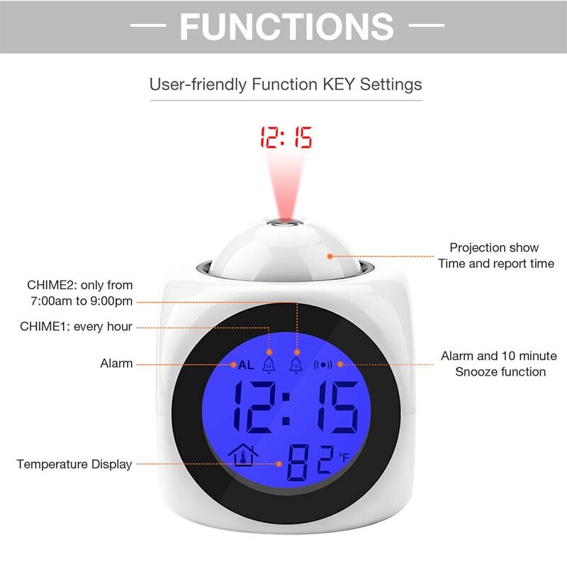 1PC Digital Alarm Clock Talking Voice Prompt Projection Snooze Popular Thermometer LED Display Time Multifunction: White