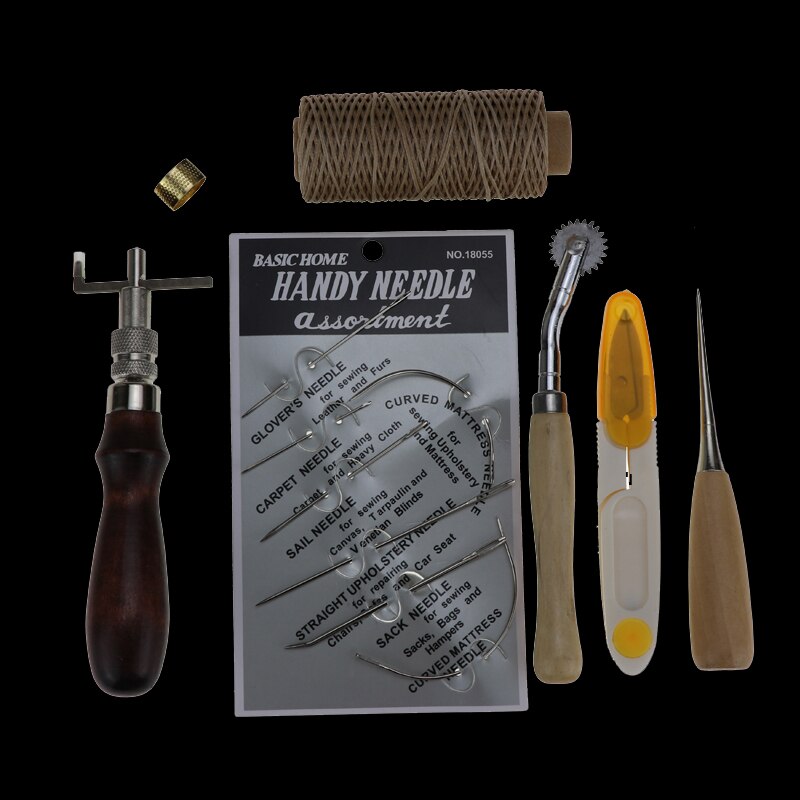 Leather Craft Punch Tools Kit Stitching Carving Working Sewing Saddle Groover Thread Awl Waxed Thimble Kit: 7PCS 1SET