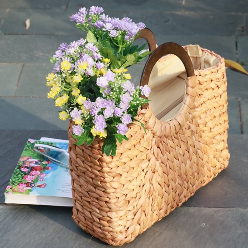 Women's Straw Tote Bag - Large Capacity Shoulder Shopping Beach Travel Bag - Wood Handle