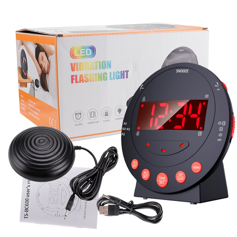 Led vibrerende højt vækkeur stærk seng vibrationsryster til tunge sovende døve senior børn display lysdæmper snooze usb oplader