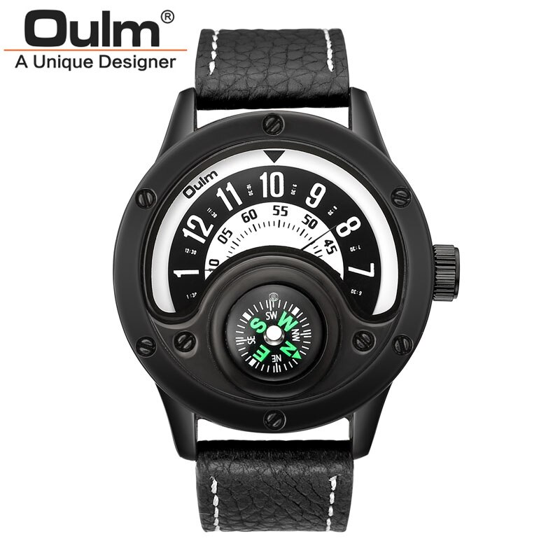 Oulm 3880 Mannen Luxe Sport Quartz Horloge Mannen Lederen Horloges Decoratieve Kompas Big Size Man Horloge Relogio Masculino: Black