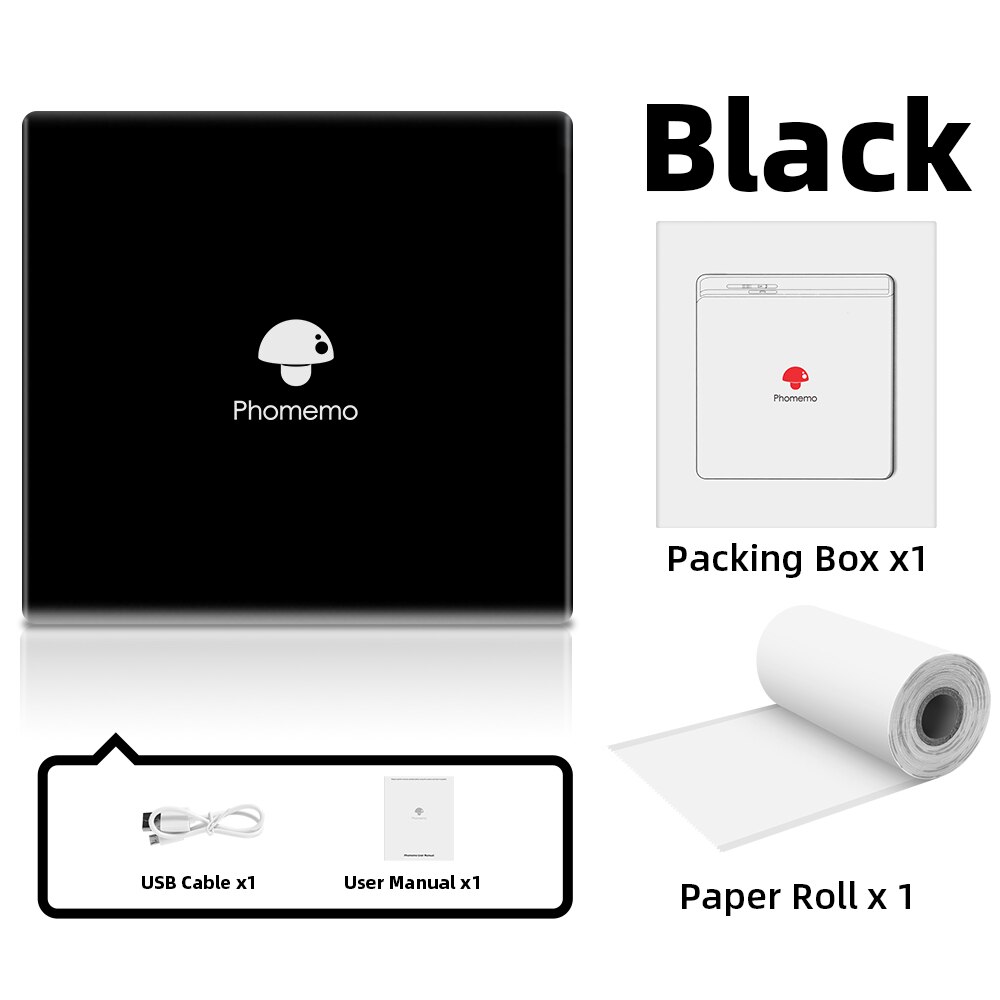 Phomemo M02 Portable Thermal Printer Paper Photo Pocket Thermal Printer 53 mm Printing Bluetooth-Compatible Android IOS Printer: BLACK