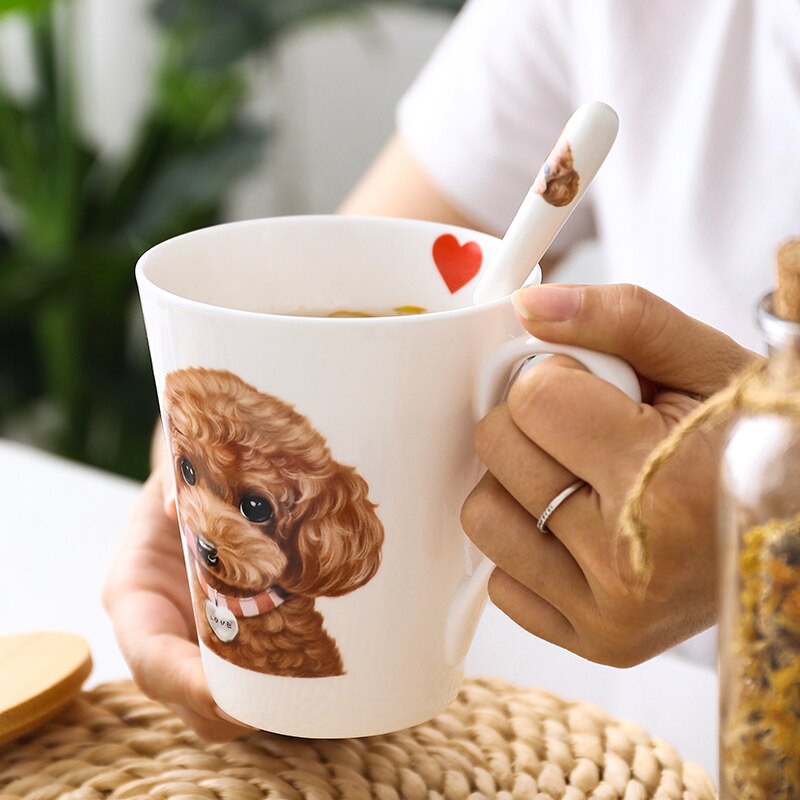 Söt tecknad pudel keramisk kaffekopp stor kapacitet hund mönster mjölkkopp