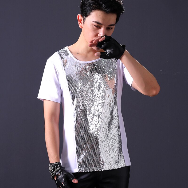 Camiseta de manga corta de lentejuelas de plata de tendencia de cantante masculino DJ de tambor de baile de discoteca de Bar