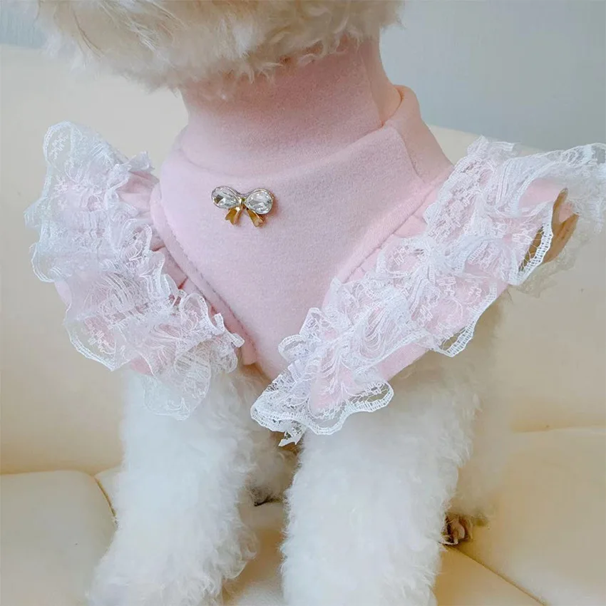 Pet Clothing Autumn and Winter Base Shirt Lace Flying Sleeves Ladies Base Vest Small Teddy Bear Dog Clothes for Small Dogs: M / Pink