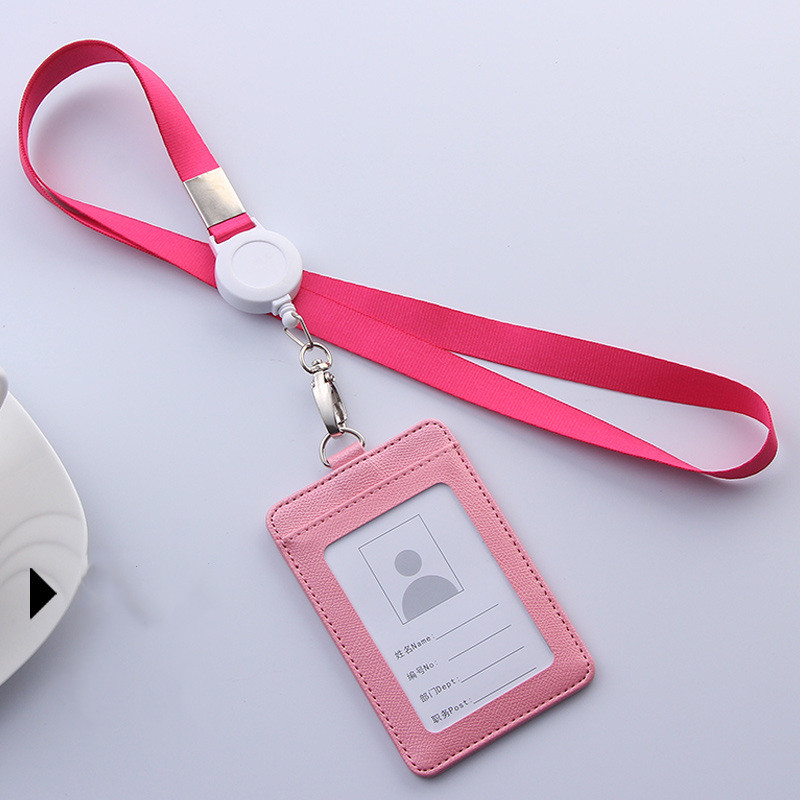 PU Leather Lanyard retractable badge holder ID card holder school lanyards id badge holder horizontal badge holder transparent: pink-Vertical style