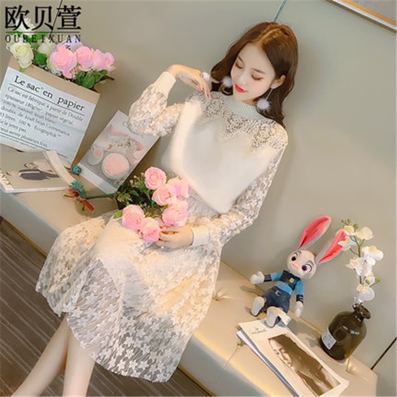 Tcyeek Women Long Dresses Early Spring Female Clothes Lace Knitted Black Dress Girls Clothing LWL130