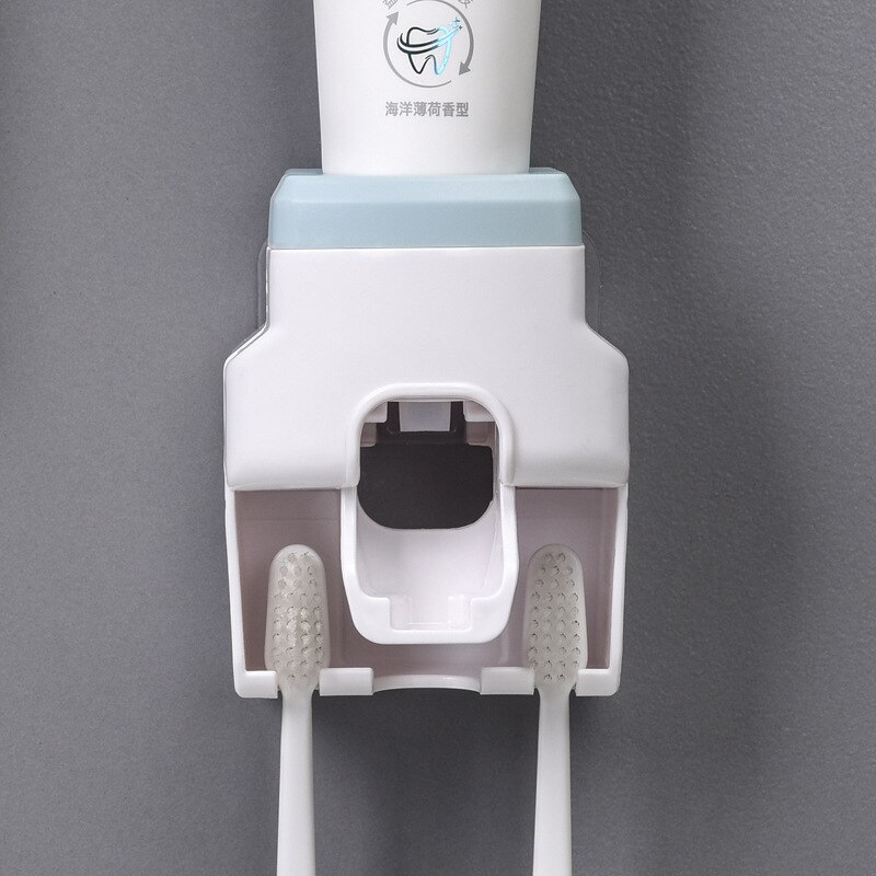 Automatisk tandpasta dispenser tandbørsteholder rack vægbeslag tandpasta klemme stativ tilbehør til badeværelset: Blå