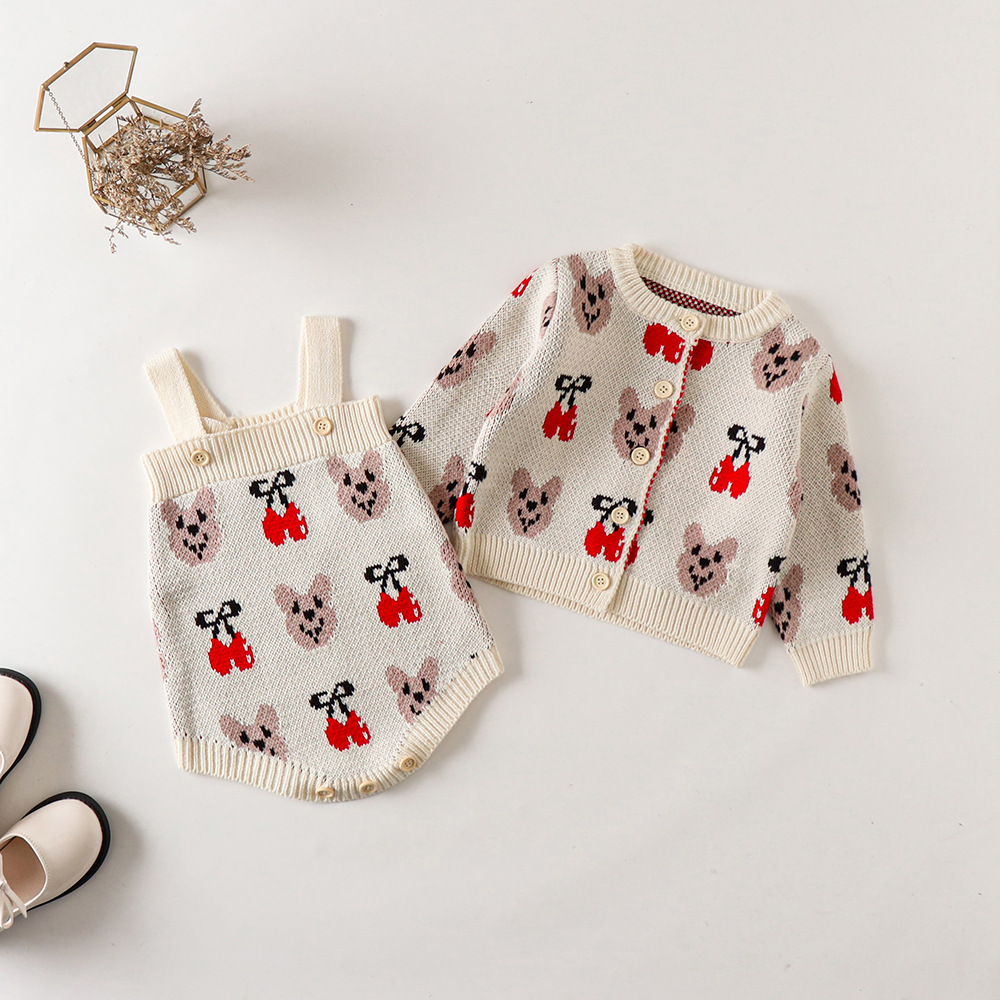0-24M Peuter Cartoon Beer Trui Vest Kids Kleding Meisjes Gebreide Jas Breigoed Kinderen Truien Kids Baby Knit trui: Coat and Rompers / 9m