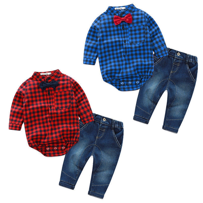 2 stks Kids Baby Boy red plaid lange mouwen Bodysuit pocket knop + Jeans Broek Outfits Kleding Set 0-18 M