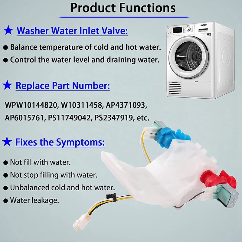 W10144820 Washer Water Inlet Valve Washing Machine Replacement Part Compatible For Kenmore Whirlpool Replaces