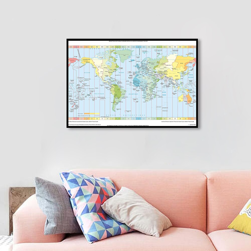 84*59cm Time Zone Map of The World In French Canvas Painting Wall Art Poster Living Room Classroom Home Decor School Supplies