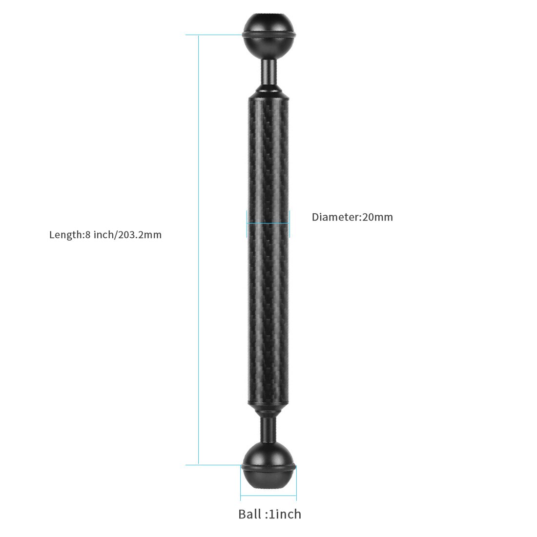 BGNing Carbon Fiber 1" Dual Ball Head 5/8/10/12inch Extension Arm D20mm Handheld Tripod Selfie Stick Camera Waterproof Mount: 1piece 8inch