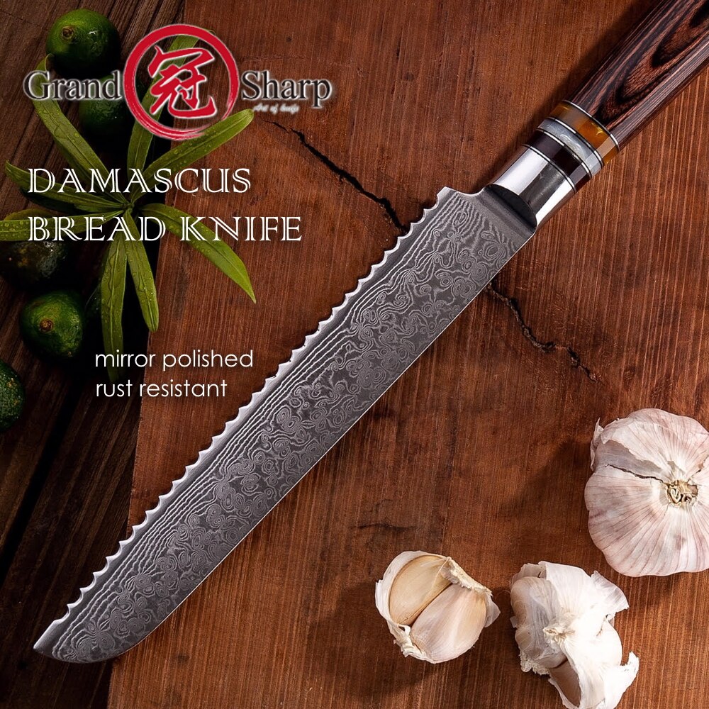 Damascus Kitchen Knives vg10 Japanese Damascus Steel Bread Knife Cake Slicing Bakery Tools Serrated Stainless Damascus Blade