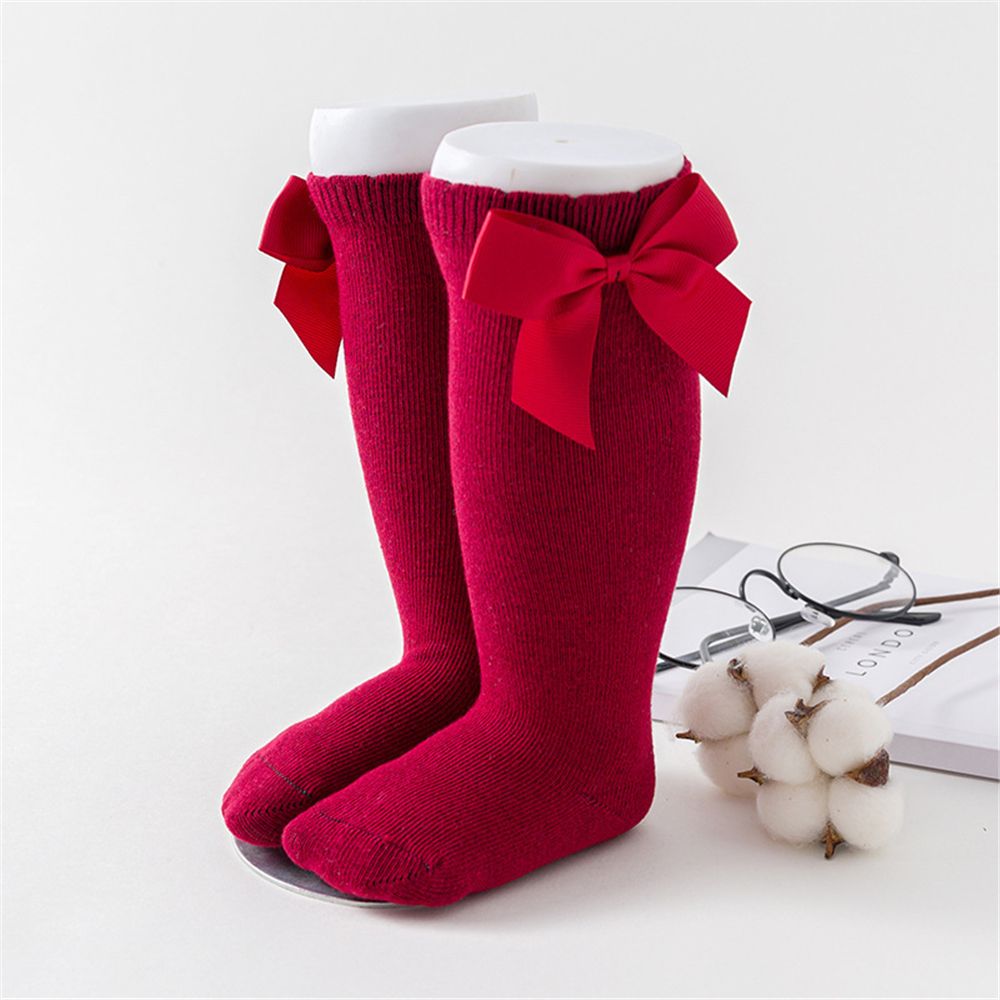 Calzini per bambini caldi invernali per bambini ragazze grandi fiocchi al ginocchio alti lunghi morbidi in pizzo di cotone calzini per bambini calzini natalizi caldi antiscivolo: red