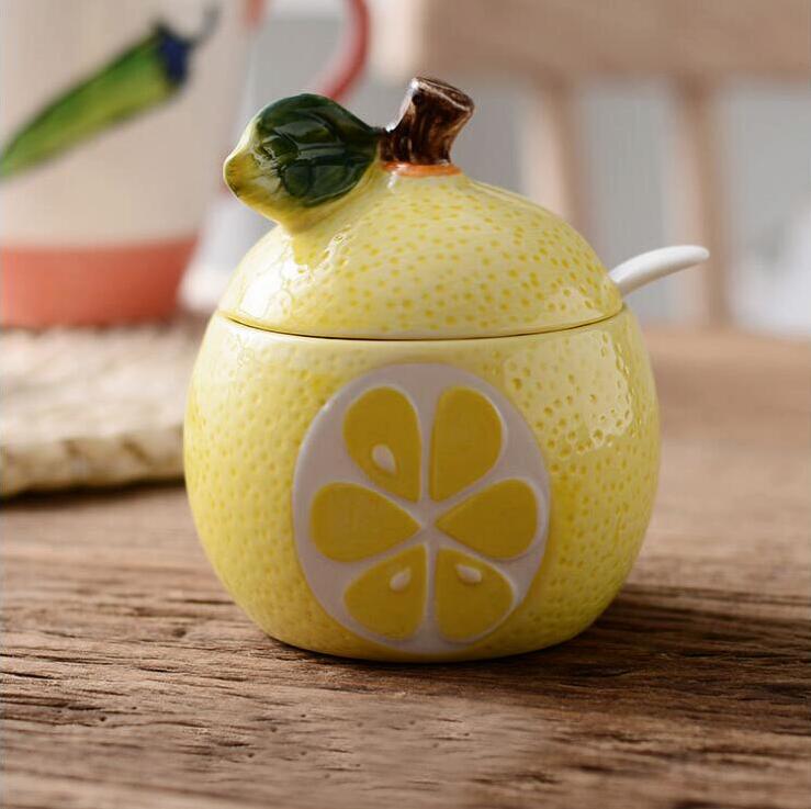 Botella de cerámica creativa para condimentos, tanque de almacenamiento con forma de fruta y melón, suministros de Decoración de cocina y , tazón de azúcar 08143: 3