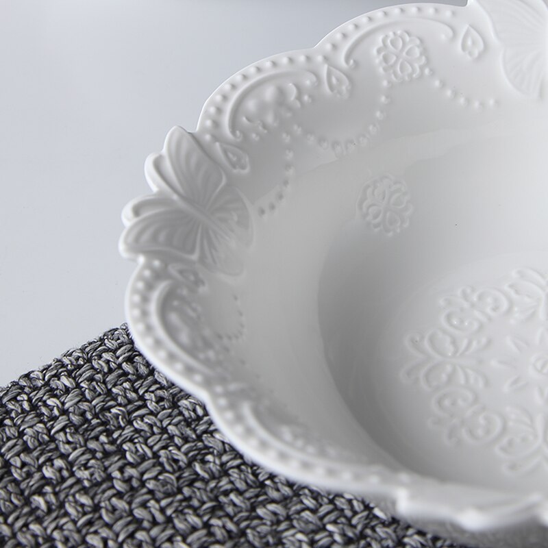 9inch, white embossed porcelain soup dinner serving bowl. ceramic mixing bowls for baking, butterfly , kitchen cooking