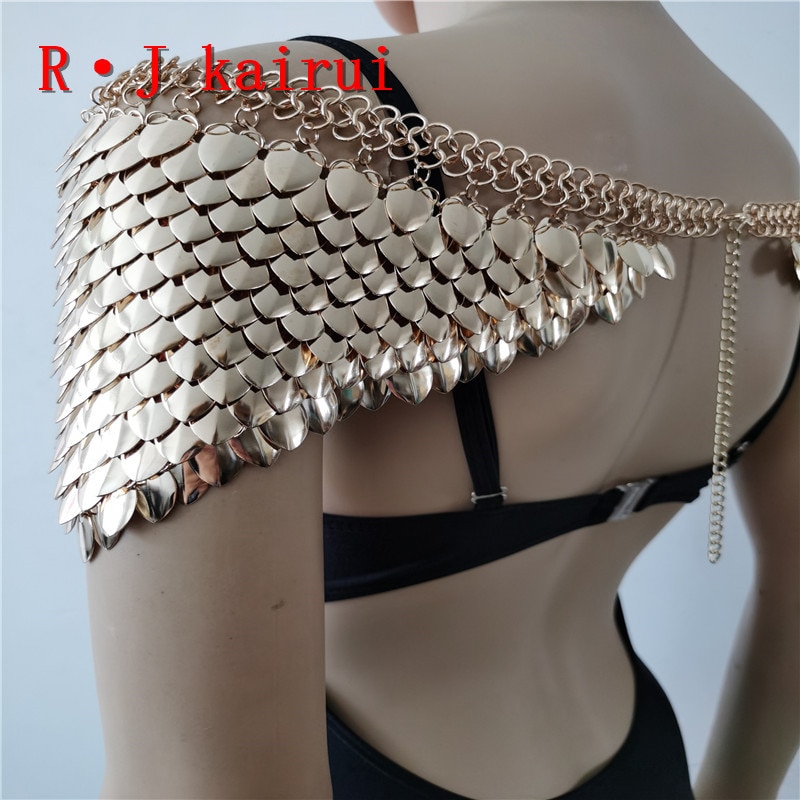 Mode Scalemail Mermaid Gold Schubben Schouder Kettingen Lagen Schaal Chainmail Goud Enkele Vis Schaal Schouder Sieraden