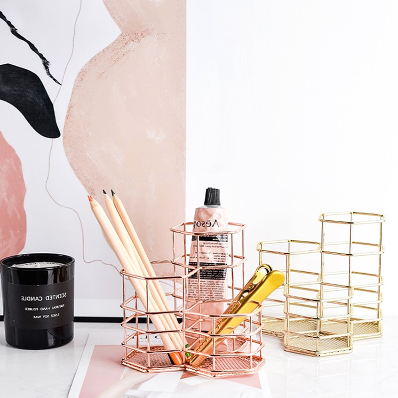 Metalen zeshoekige gouden pennenhouder, make-upborstelhouder, organizer, bureau-organizer voor stationaire opslag, kantooraccessoires, decoratie