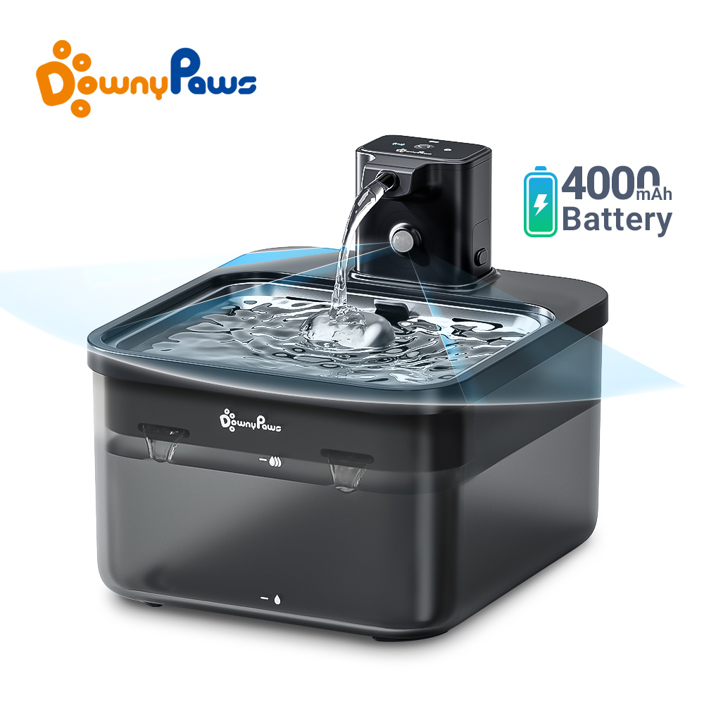 DownyPaws Fuente de agua automática para gatos de acero inoxidable de 2,5 L, bebedero inalámbrico negro de 4000 mAh para mascotas, batería y sensor, dispensador 2 en 1