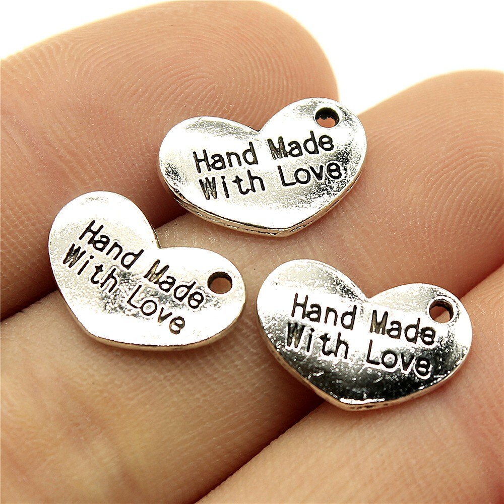 WYSIWYG 40pcs 15x10mm Hand Made With Love Charms Handmade Heart Charms Hand Made With Love Heart Charms